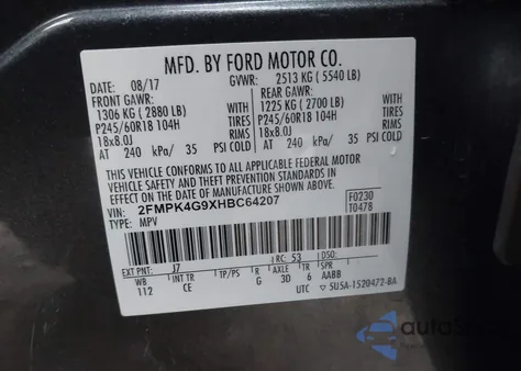 2017 Ford Edge Se из США, поврежденный, VIN 2FMPK4G9XHBC64207